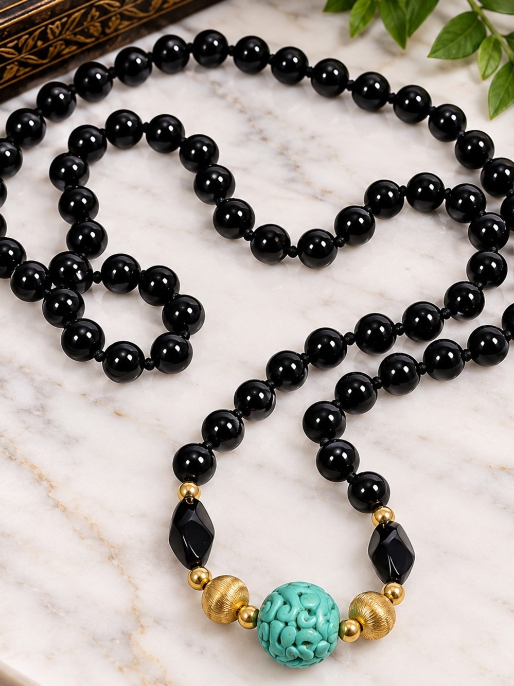 Vintage Long Black Beaded Necklace with Carved Turquoise-Color Accent Bead - 38"